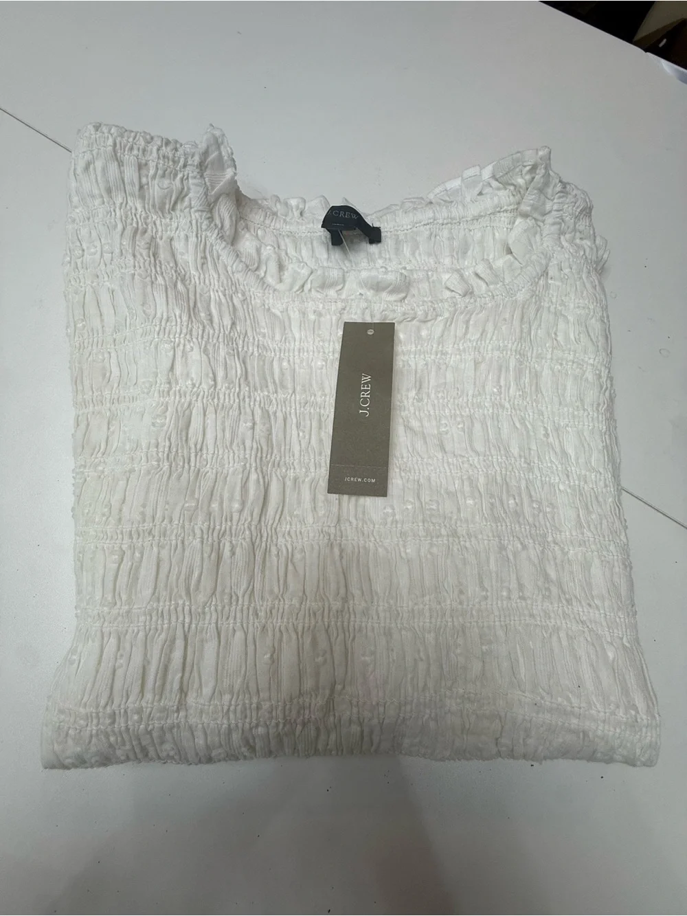 J. Crew White Smocked Puff-Sleeve Ruffle-Trim Blouse size XL